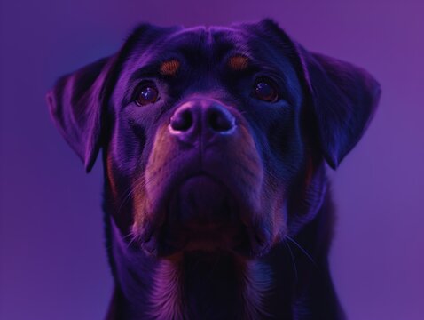 A cute rottweiler dog on violet studio background