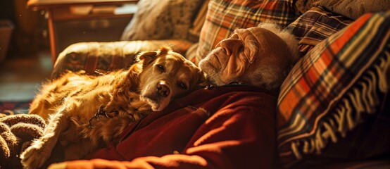 A cozy indoor scene featuring a loyal brown dog snuggled up with his person on the couch, exuding warmth and companionship