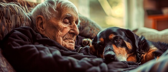 An elderly woman finds comfort in her loyal indoor pet, a beloved dog of a rare breed, as they share a peaceful moment together