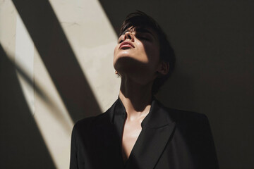 Woman with Shadow Lines on Face in Sunlit Room. Generative AI image