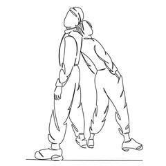 a girl and a young man stand with their backs to each other