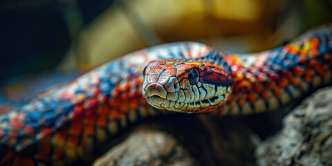 Generative AI illustration of vibrant corn snake with a pattern of red, orange and yellow scales slithers over a rocky surface its eyes focused