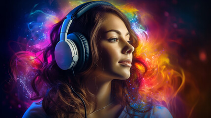 Fashion pretty woman with headphones listening to music over color neon waves and lines background at studio.
