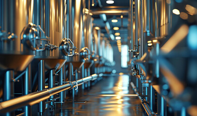 Modern beer factory, brewery concept. Steel tanks and pipes for beer production. Industrial background	