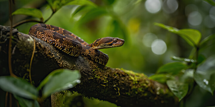 Generative AI illustration of boa constrictor rests on a moss covered branch amidst lush green foliage in a dense rainforest setting