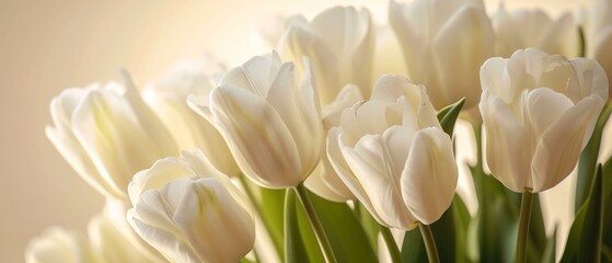 Rich and fresh beautiful bouquet of ivory tulips close up poster background, women holiday concept.