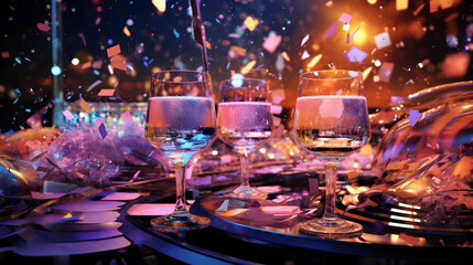 Wine glasses in row on bar Pro Photo,,
Cheerful youth showered confetti at a club party