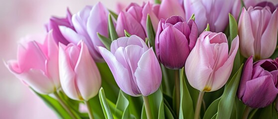 Beautiful close up bouquet of lilac tulips close up banner background for women's holidays with copy space.