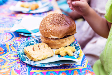  Burger served on paper plate at birthday outdoor party.