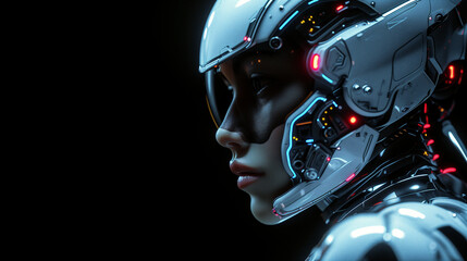 Captivating image a close up woman's face sci fi style.  Futuristic  artwork. The intricate details, and utilize soft lighting. A woman's attractive gaze. Black background.