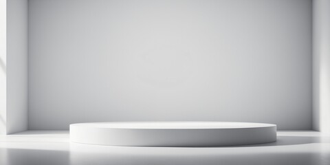 Abstract white stand for product presentation on white background, empty room with podium shadows - obrazy, fototapety, plakaty