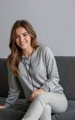 Fototapeta premium attractive smiling business woman in grey sweater sitting confidently on a grey sofa