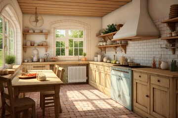 Rendered farmhouse kitchen interior. Generative AI - obrazy, fototapety, plakaty