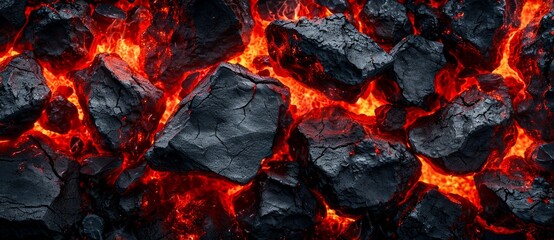 Nature's fiery embrace engulfs a jumbled heap of black stones, smoldering coals and ash, evoking the warmth and coziness of a crackling fireplace