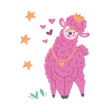 Cute pink alpaca character with crown, glasses and necklace.