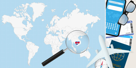 Cambodia is magnified over a World Map, illustration with airplane, passport, boarding pass, compass and eyeglasses.
