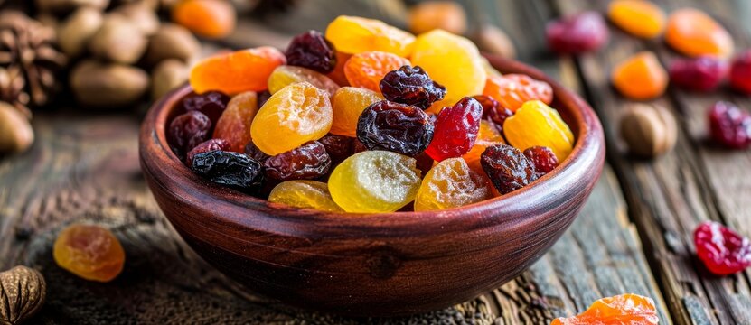 Indulge in a healthy and vibrant snack with a wooden bowl overflowing with an assortment of nutrient-packed dried fruits, including sweet oranges and antioxidant-rich berries, creating a perfect blen