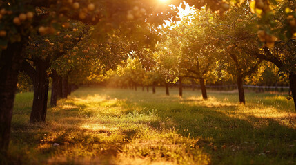 Fototapeta na wymiar An enchanting mulberry orchard during golden hour, where the soft glow of the setting sun bathes the tree branches in warm hues. The interplay of light and shadows highlights the r