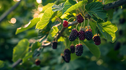 A close-up view of mulberries hanging in clusters from gracefully arching branches, their dark hues accentuated by the verdant backdrop of glossy leaves. The intricate details and