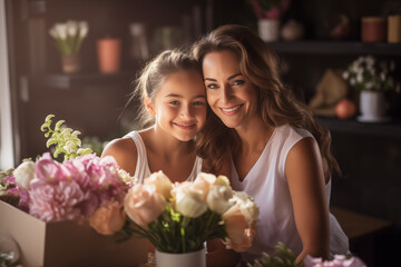 Mother's Day greeting card. International Women's Day, mother and daughter with flowers and gifts