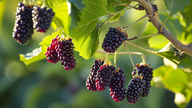 A close-up view of mulberries hanging in clusters from gracefully arching branches, their dark hues accentuated by the verdant backdrop of glossy leaves. The intricate details and