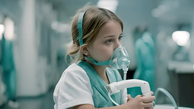 A girl sitting in a hospital room, with an oxygen mask on her face, is being treated in the infectious diseases department for pneumonia. Generative AI