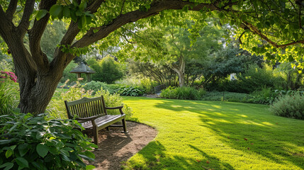 A serene garden setting with a mulberry tree providing shade, its branches gracefully extending over a bench where one can enjoy the tranquility and serenity of the surroundings.