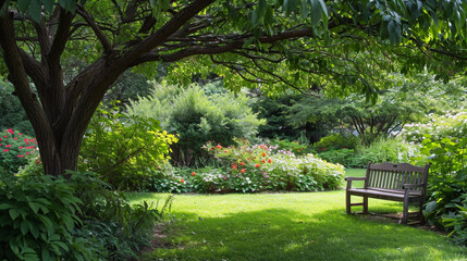 A serene garden setting with a mulberry tree providing shade, its branches gracefully extending over a bench where one can enjoy the tranquility and serenity of the surroundings.