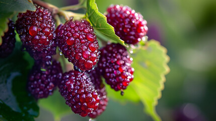 A macro shot capturing the velvety texture and rich color of ripe mulberries clustered on a branch. The droplets of dew on the berries add a touch of freshness, enhancing the visua