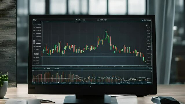 A computer monitor with a low chart of the financial activity of a company engaged in the sale of shares of various companies. Generative AI