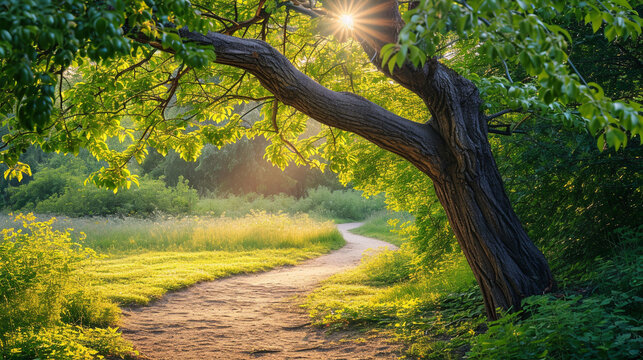 A peaceful countryside scene with a winding path leading under the sprawling branches of a mature mulberry tree. The dappled sunlight filtering through the leaves creates a charmin
