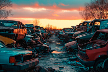 Auto scrap junkyard. Recycling of wrecked automobile used car parts. - obrazy, fototapety, plakaty