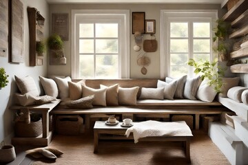 The focal point of this cozy nook is a weathered wooden bench, exuding rustic charm and character. Enhance its comfort and aesthetic appeal by arranging a collection of soft, textured pillows,