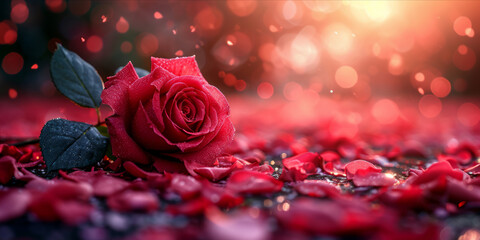 A single red rose with dew among scattered petals and bokeh background, AI generated.