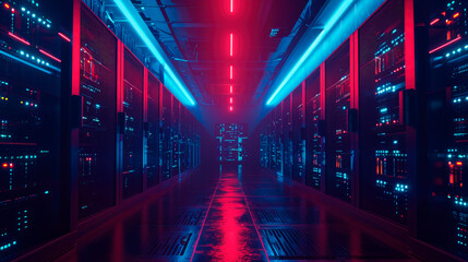Dark datacenter with light of data signals. Technology of computer warehouse of data.