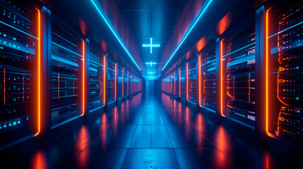 Dark datacenter with light of data signals.