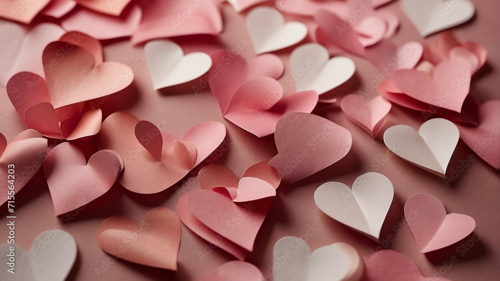 Poster Pink gradient abstract background of paper hearts in different size from Generative AI
