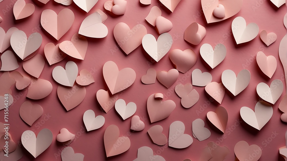 Poster Pink gradient abstract background of paper hearts in different size from Generative AI