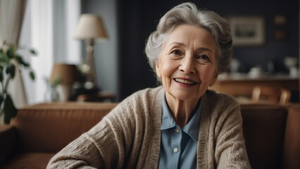 Fototapeta na wymiar Happy elderly woman at home looking at the camera from Generative AI