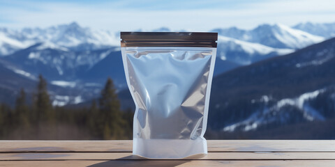 Ziplock bag mockup with space to place text and big mountains full of snow blur background. Stand up packaging bag with copy space branding and advertisement for delivery purchase wrapping.