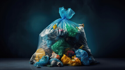 A conceptual image depicting the environmental issue of plastic waste, with a full blue trash bag against a dark background.