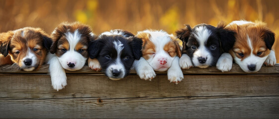 A row of sleepy puppies, like fluffy bookmarks, rest their heads on a wooden ledge, their innocence a heartwarming sight