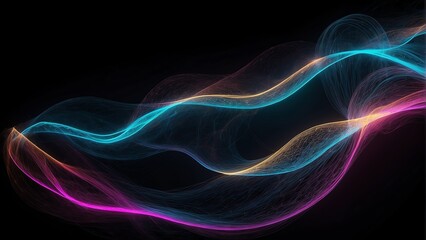 Curly wave made of colorful neon bright light dots on plain black background from Generative AI
