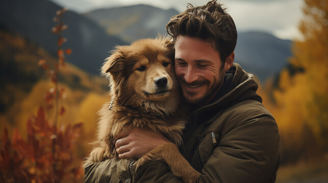 Happy Handsome Man Play with Dog