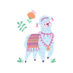 Llama alpaca with textile decorations on blooming flowers, vector cartoon cute funny curly fur Lama animal, sheep