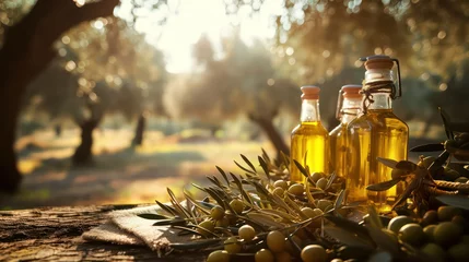 Fototapeten olive oil in a bottle with oil in the garden © Zain Graphics