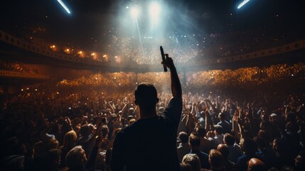 Unrecognizable singer male ่joyfully standing on stage in concert with crowd of people, live...