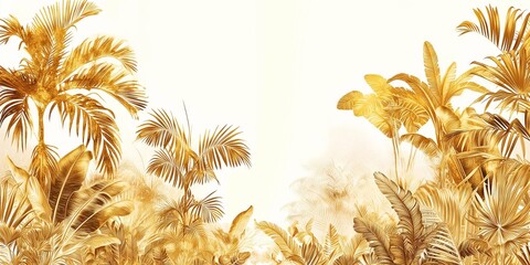 Luxurious Gold and White Embroidery Jungle Scene on Pristine Background