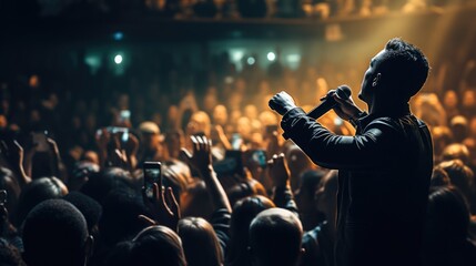 Unrecognizable singer male ่joyfully standing on stage in concert with crowd of people, live music with happy audience hold smartphone, musician man on tour with spot light in city night background