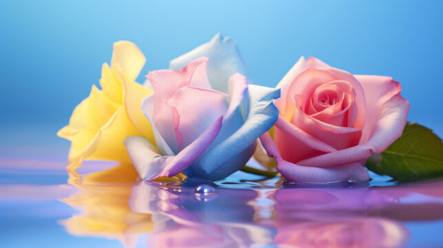 Vibrant multicolored roses reflected in water against a blue backdrop, symbolizing purity and romance.